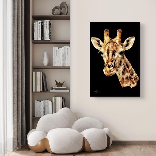 Giraffe Satin Stretched Black Canvas Print