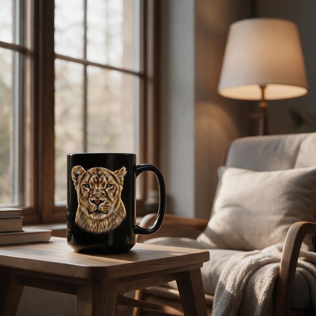 Lioness 15oz Large Black Ceramic Mug - HD Printing