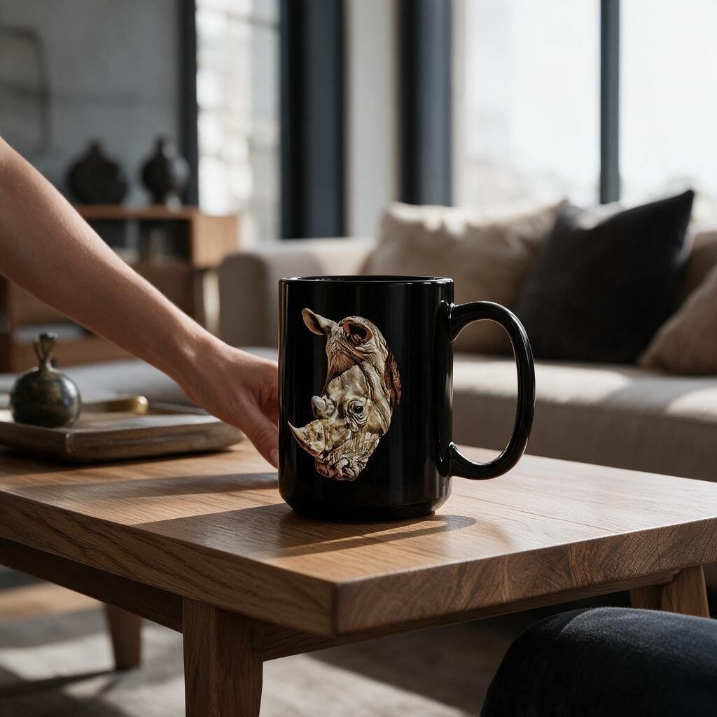 Rhino 15oz Large Black Ceramic Mug - HD Printing