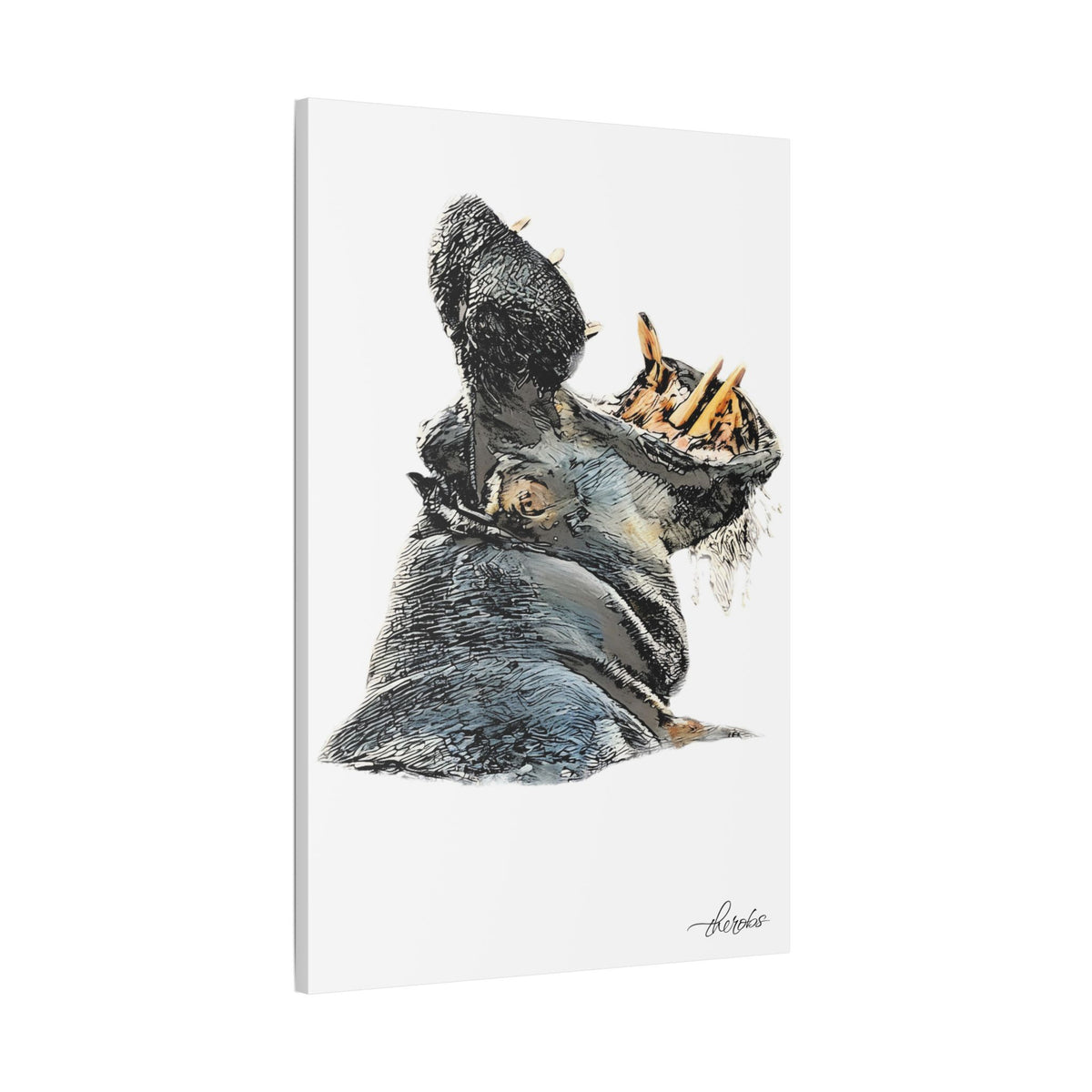 Hippo Satin Stretched Canvas Print
