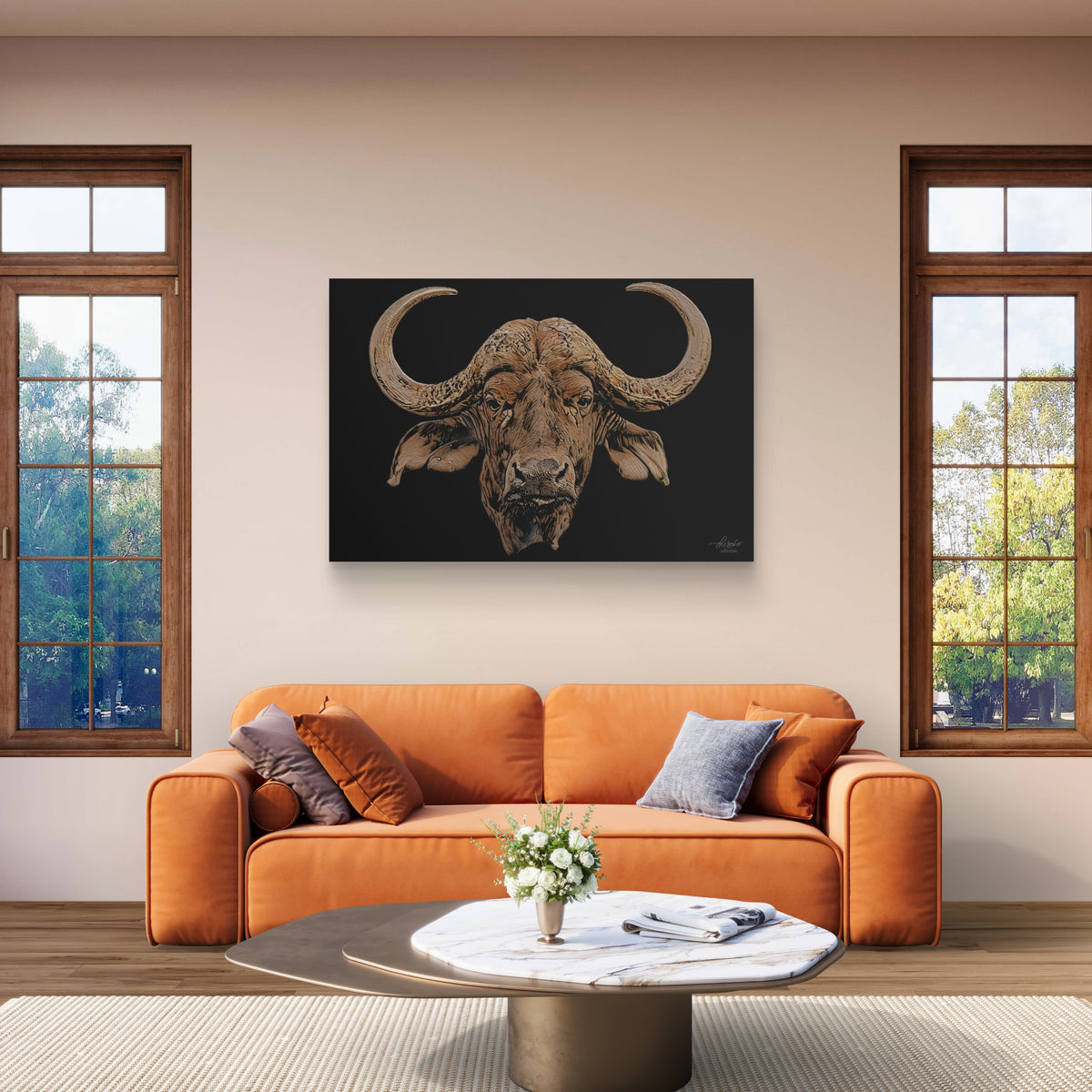 Buffalo Satin Stretched Black Canvas Print
