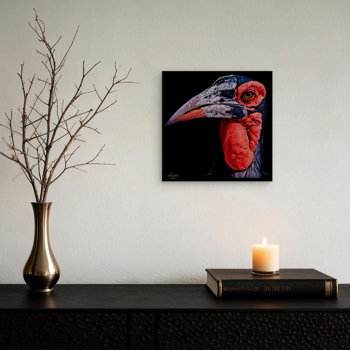 Hornbill Satin Stretched Black Canvas Print
