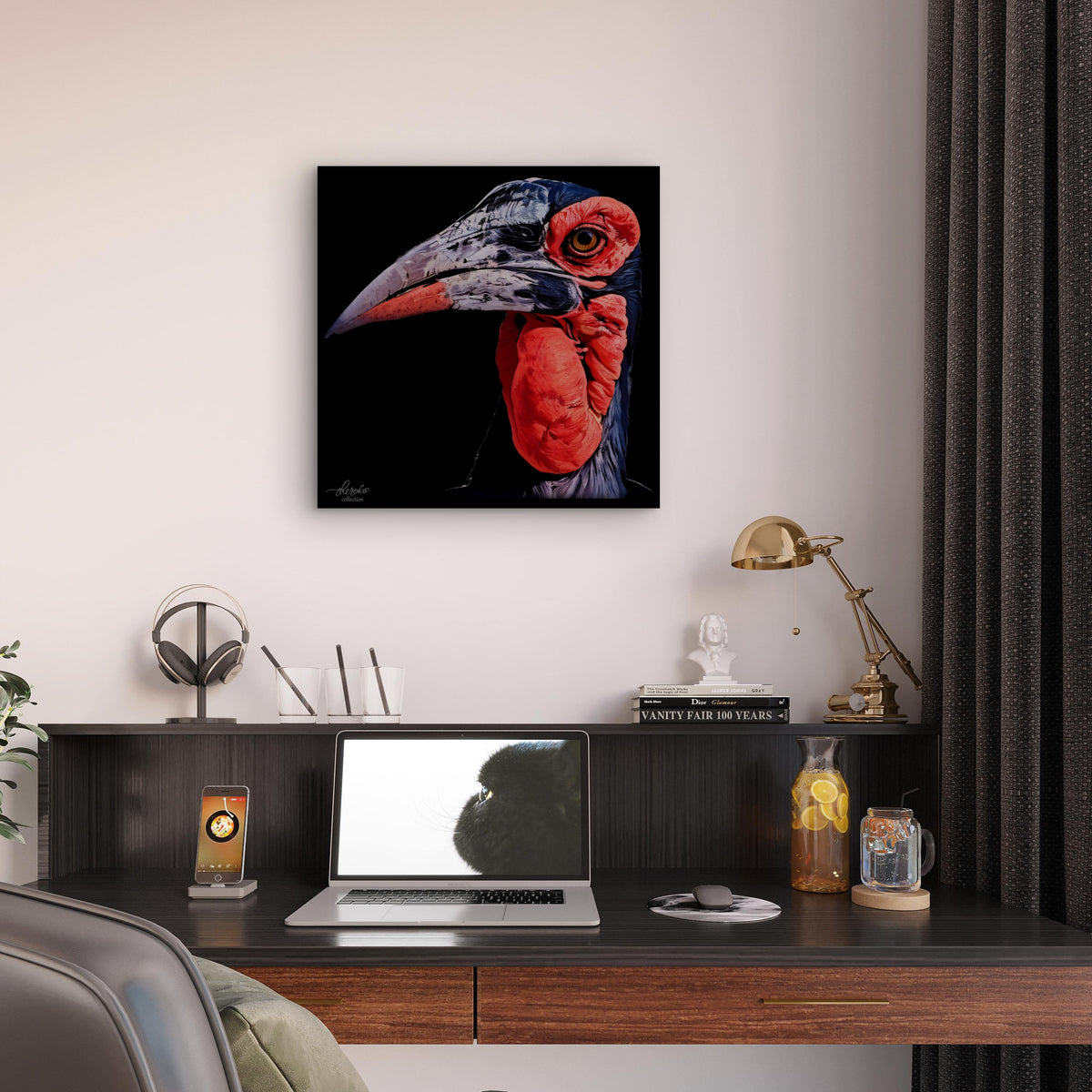 Hornbill Satin Stretched Black Canvas Print