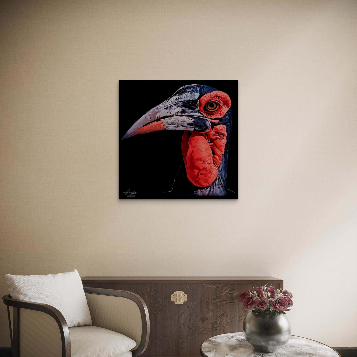 Hornbill Satin Stretched Black Canvas Print