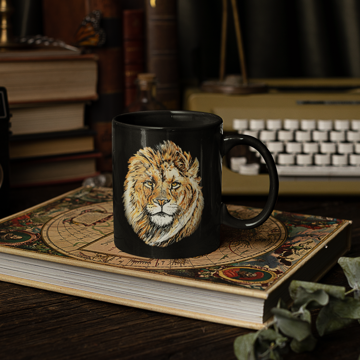 Lion 15oz Large Black Ceramic Mug
