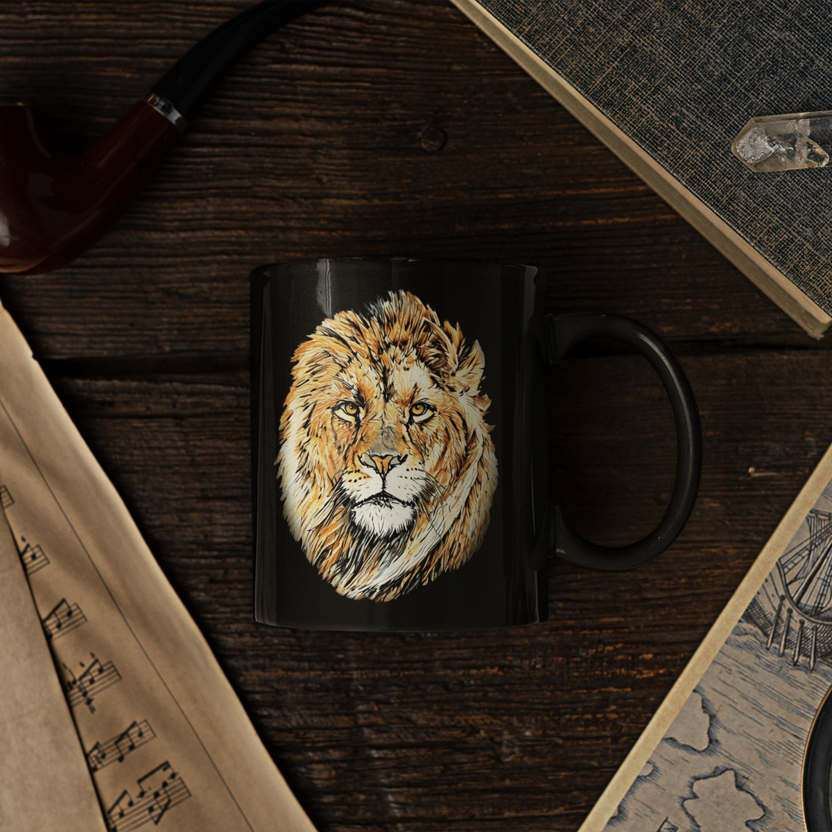 Lion 15oz Large Black Ceramic Mug