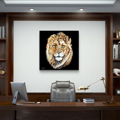 Lion Satin Stretched Black Canvas Print