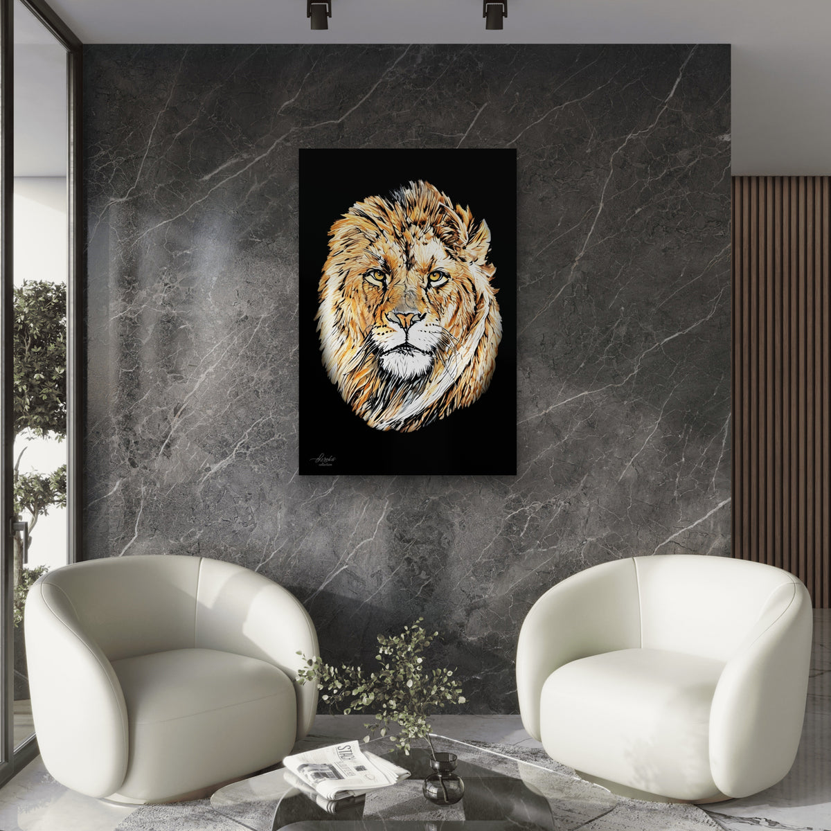 Lion Satin Stretched Black Canvas Print