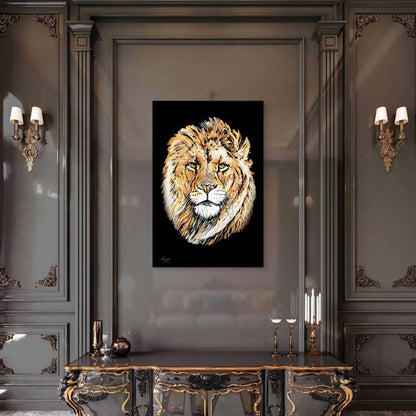 Lion Satin Stretched Black Canvas Print
