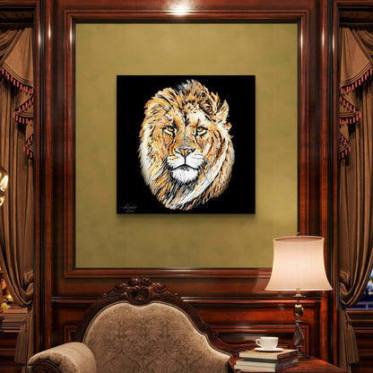 Lion Satin Stretched Black Canvas Print