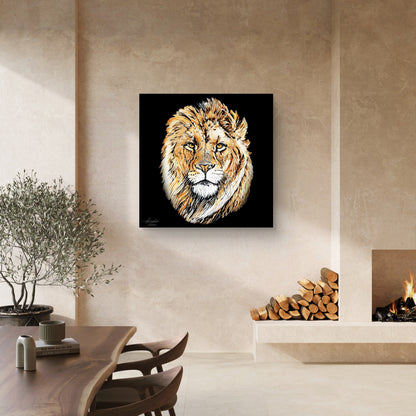 Lion Satin Stretched Black Canvas Print