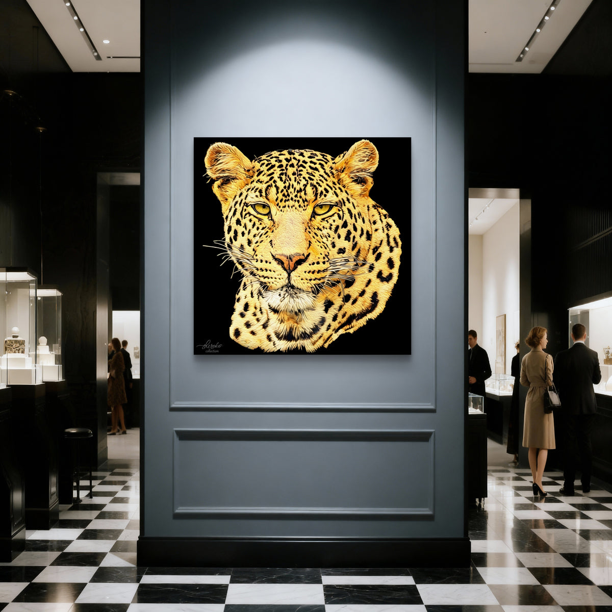 Leopard Satin Stretched Black Canvas Print