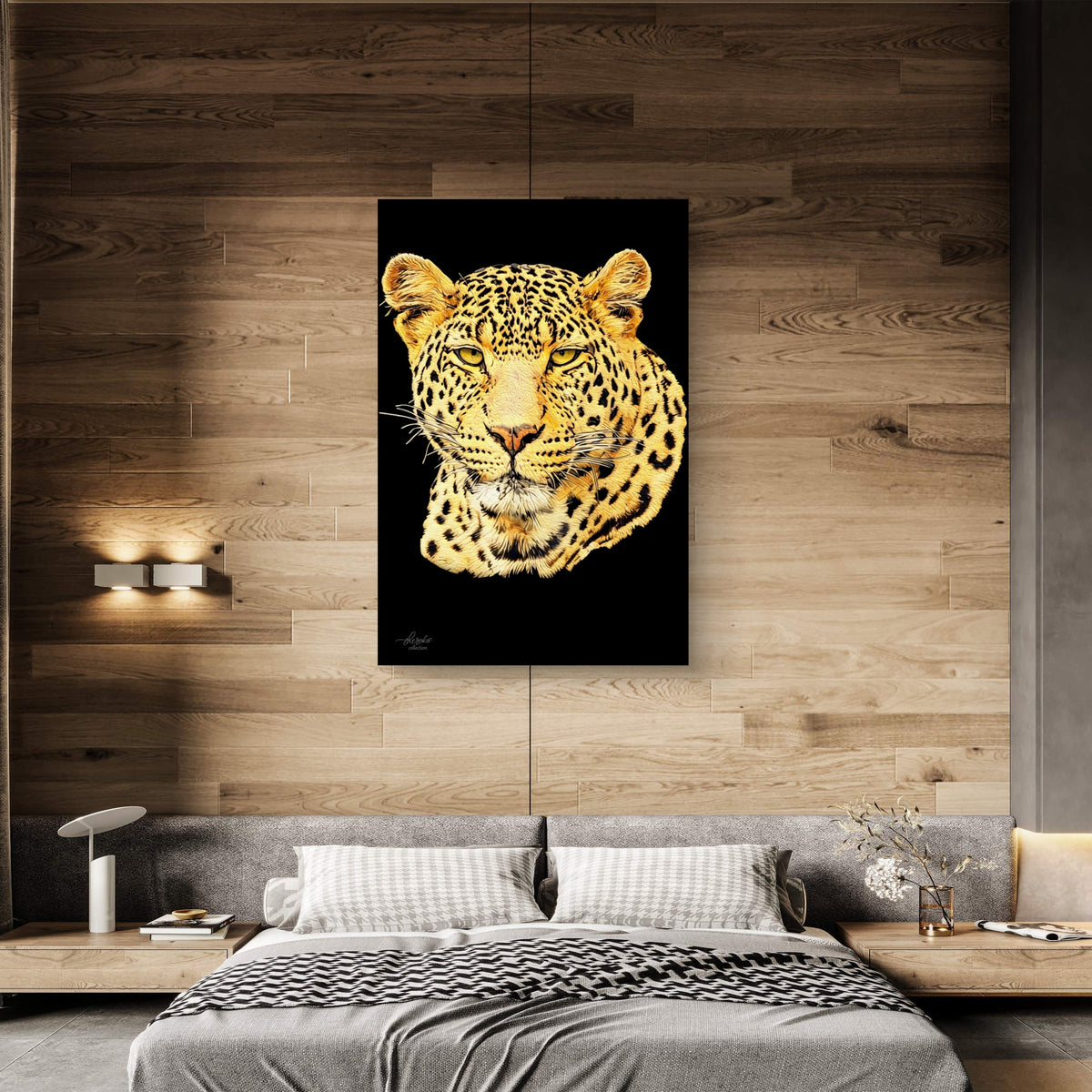 Leopard Satin Stretched Black Canvas Print