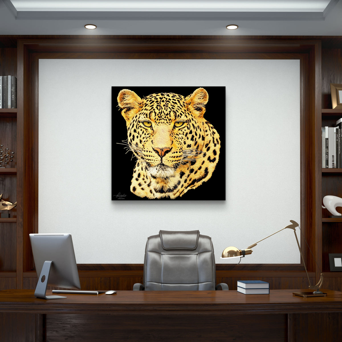 Leopard Satin Stretched Black Canvas Print