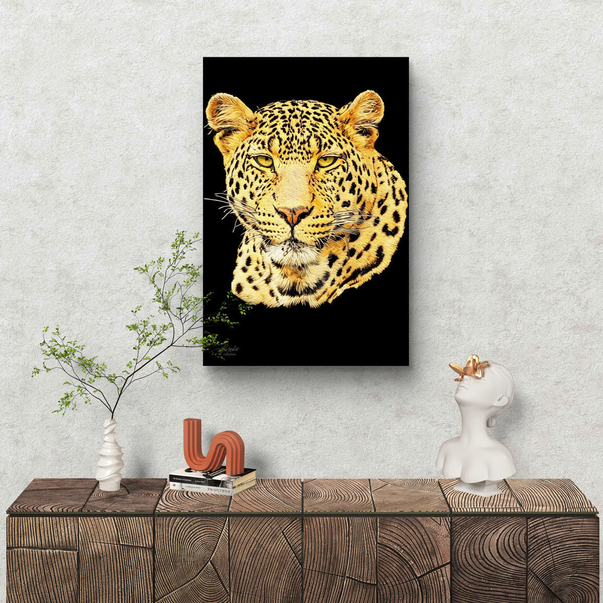 Leopard Satin Stretched Black Canvas Print