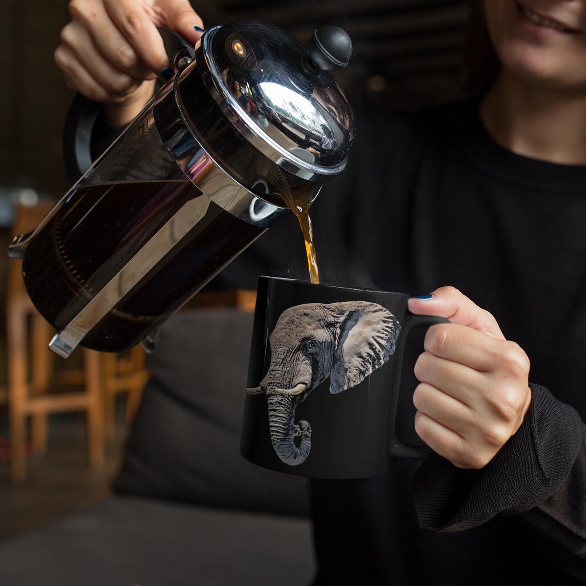 Elephant 15oz Large Black Ceramic Mug