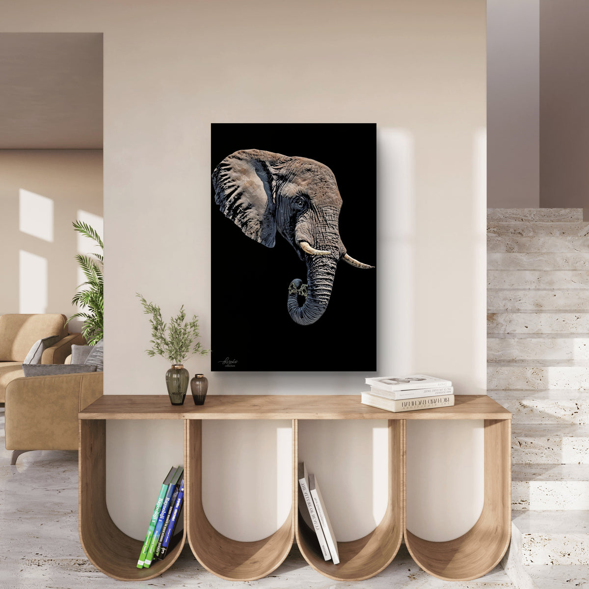 Elephant Satin Stretched Black Canvas Print
