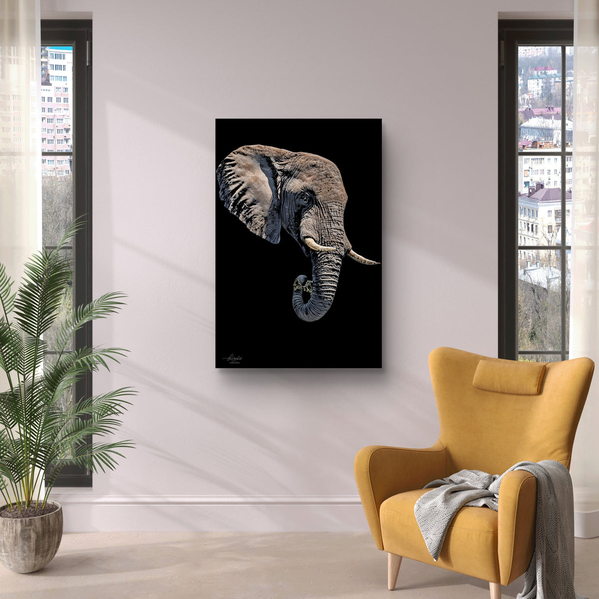 Elephant Satin Stretched Black Canvas Print