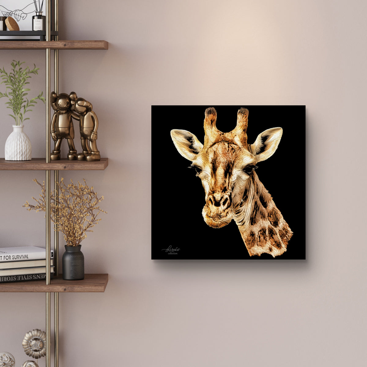 Giraffe Satin Stretched Black Canvas Print
