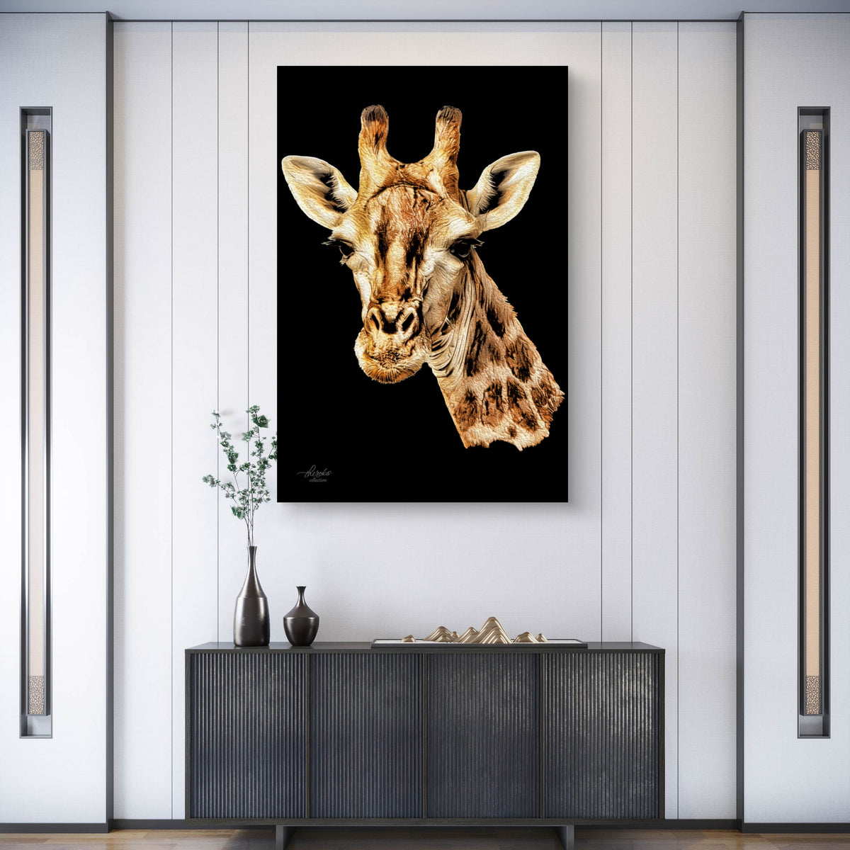 Giraffe Satin Stretched Black Canvas Print