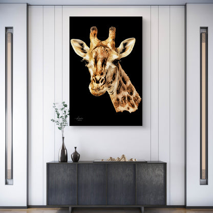 Giraffe Satin Stretched Black Canvas Print