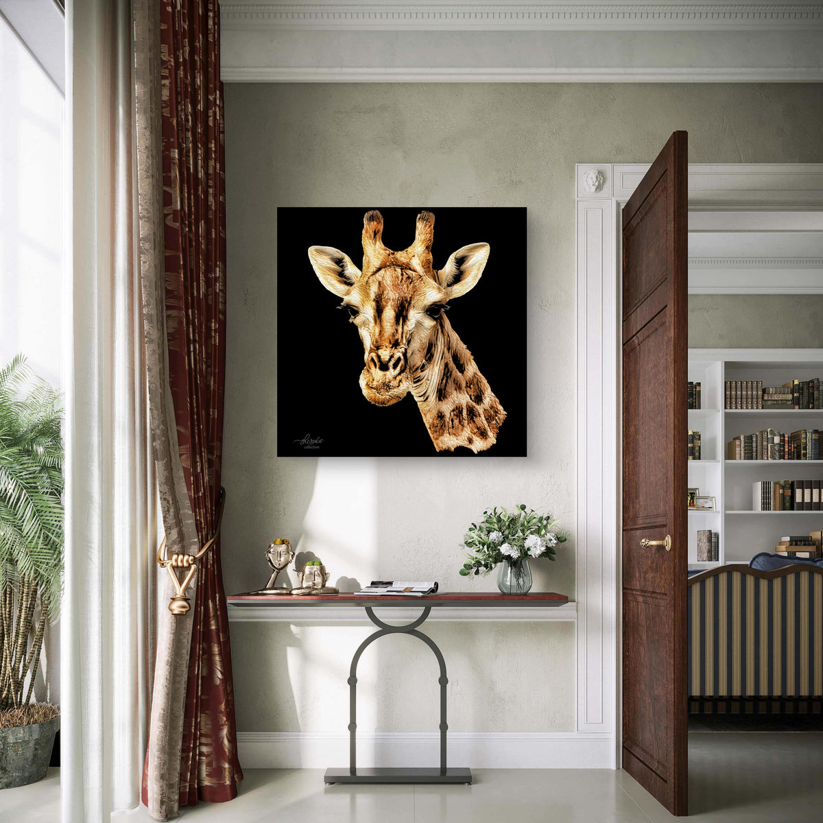 Giraffe Satin Stretched Black Canvas Print
