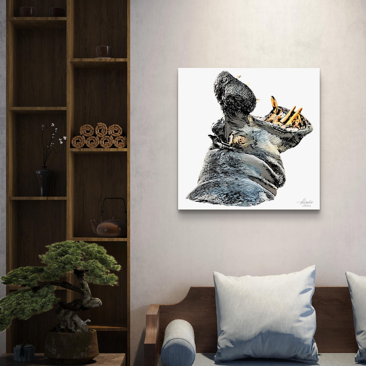 Hippo Satin Stretched Canvas Print