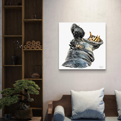 Hippo Satin Stretched Canvas Print
