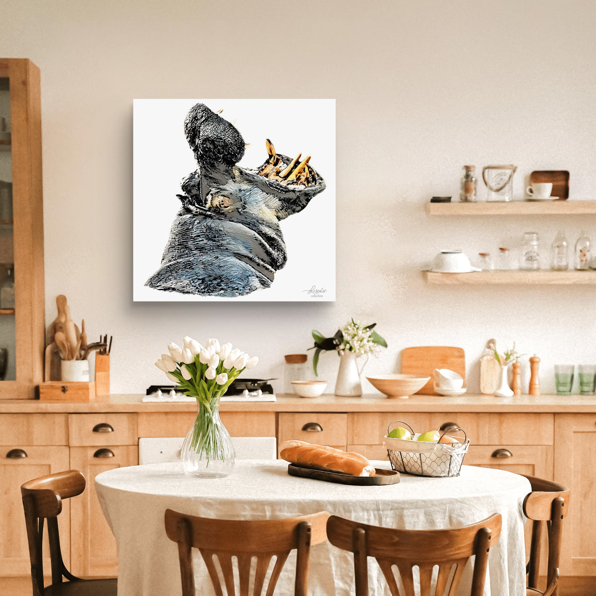 Hippo Satin Stretched Canvas Print