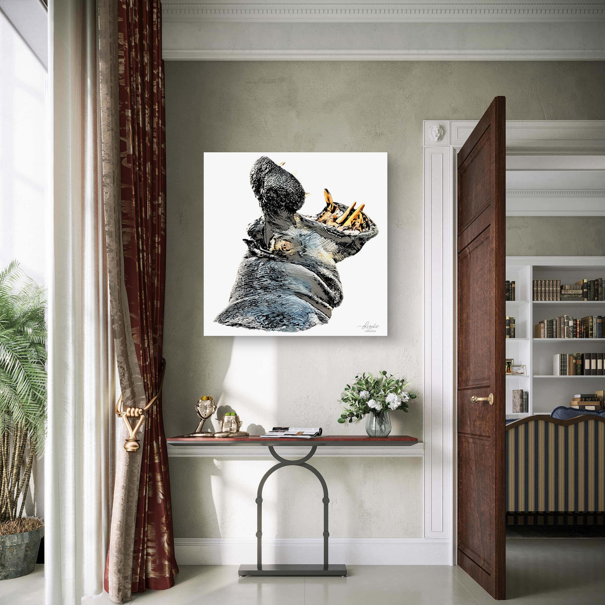 Hippo Satin Stretched Canvas Print