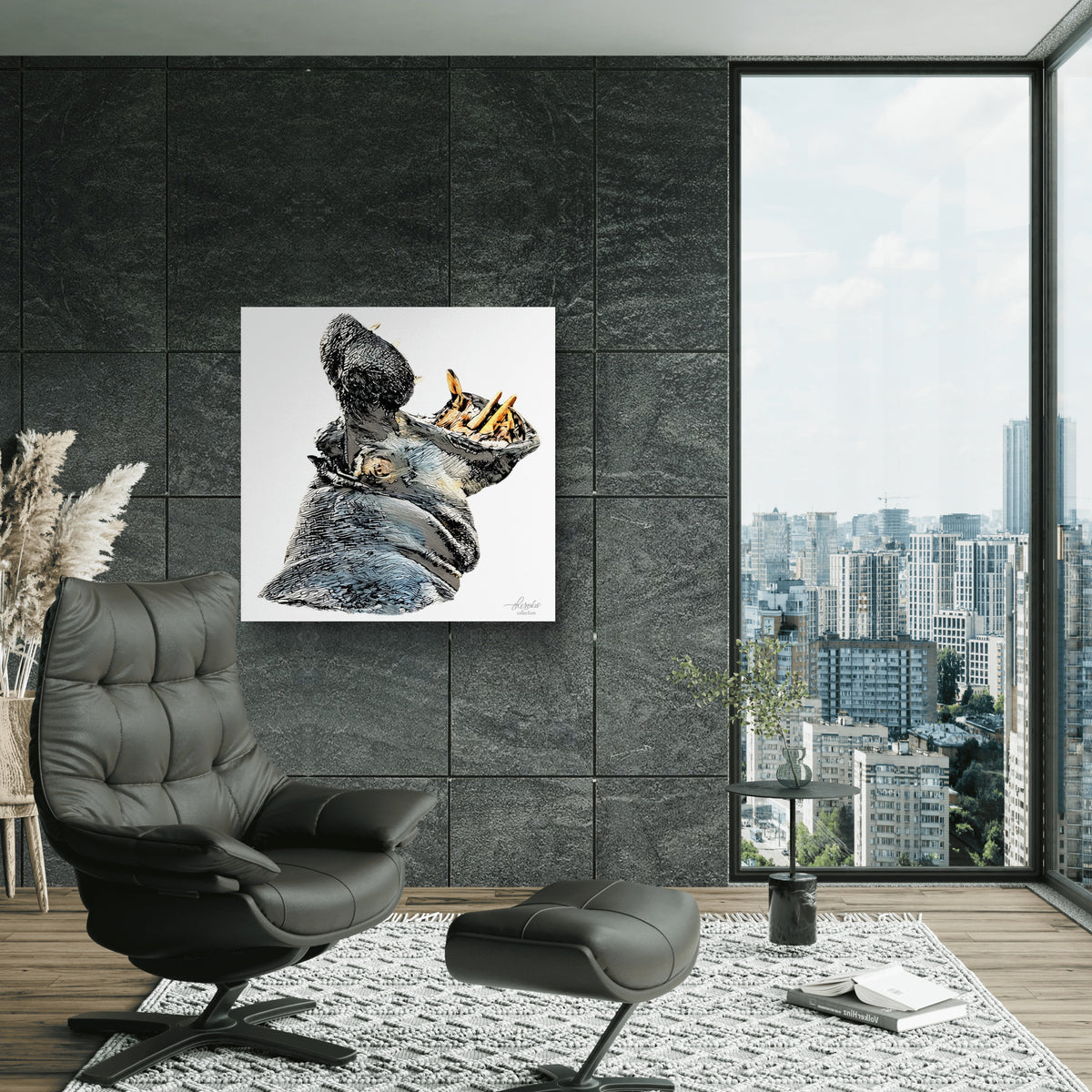 Hippo Satin Stretched Canvas Print