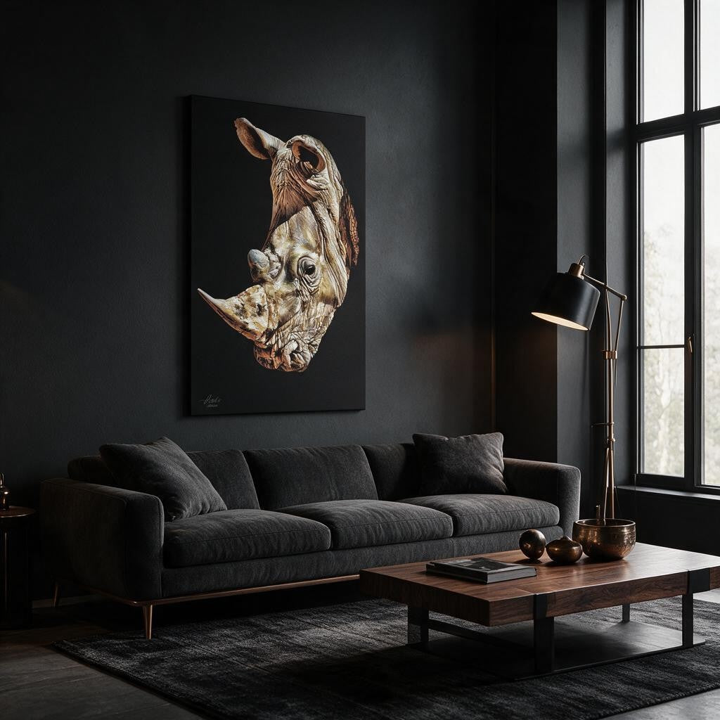 Rhino Satin Stretched Black Canvas Print