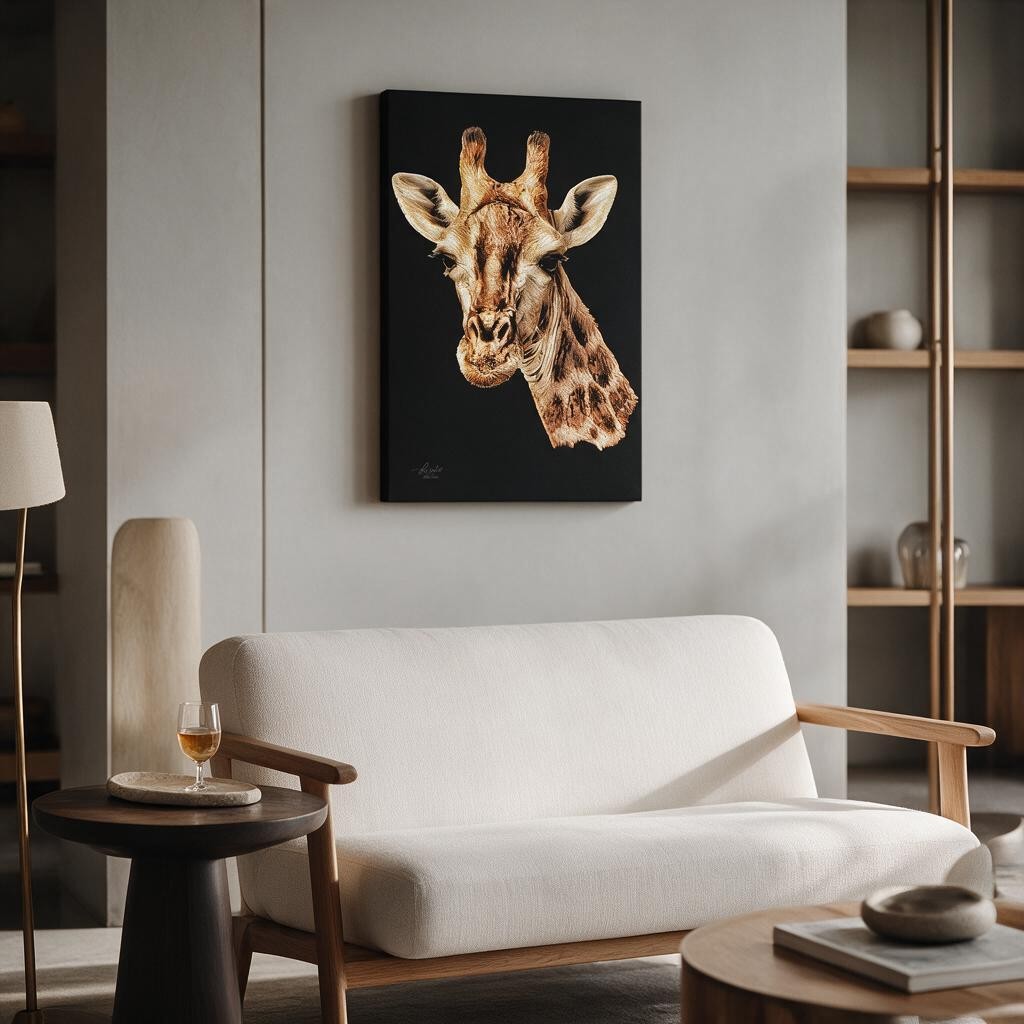 Giraffe Satin Stretched Black Canvas Print