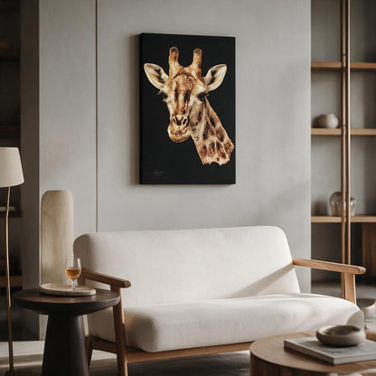 Giraffe Satin Stretched Black Canvas Print
