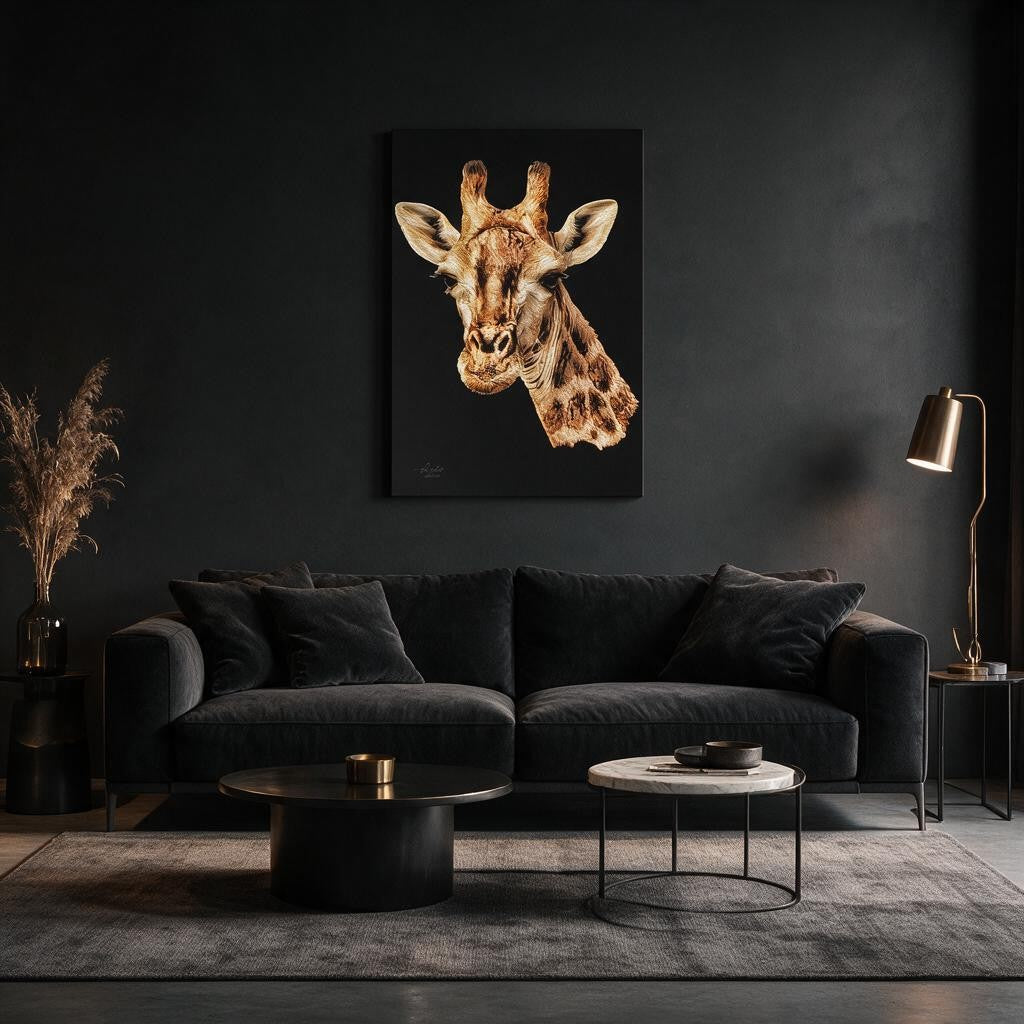 Giraffe Satin Stretched Black Canvas Print