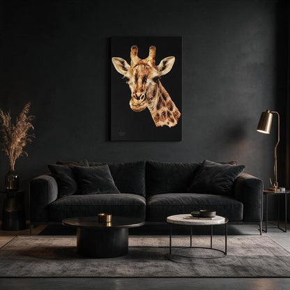 Giraffe Satin Stretched Black Canvas Print