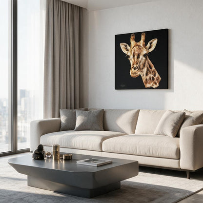 Giraffe Satin Stretched Black Canvas Print