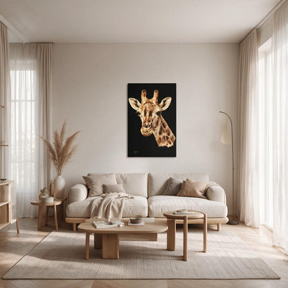 Giraffe Satin Stretched Black Canvas Print