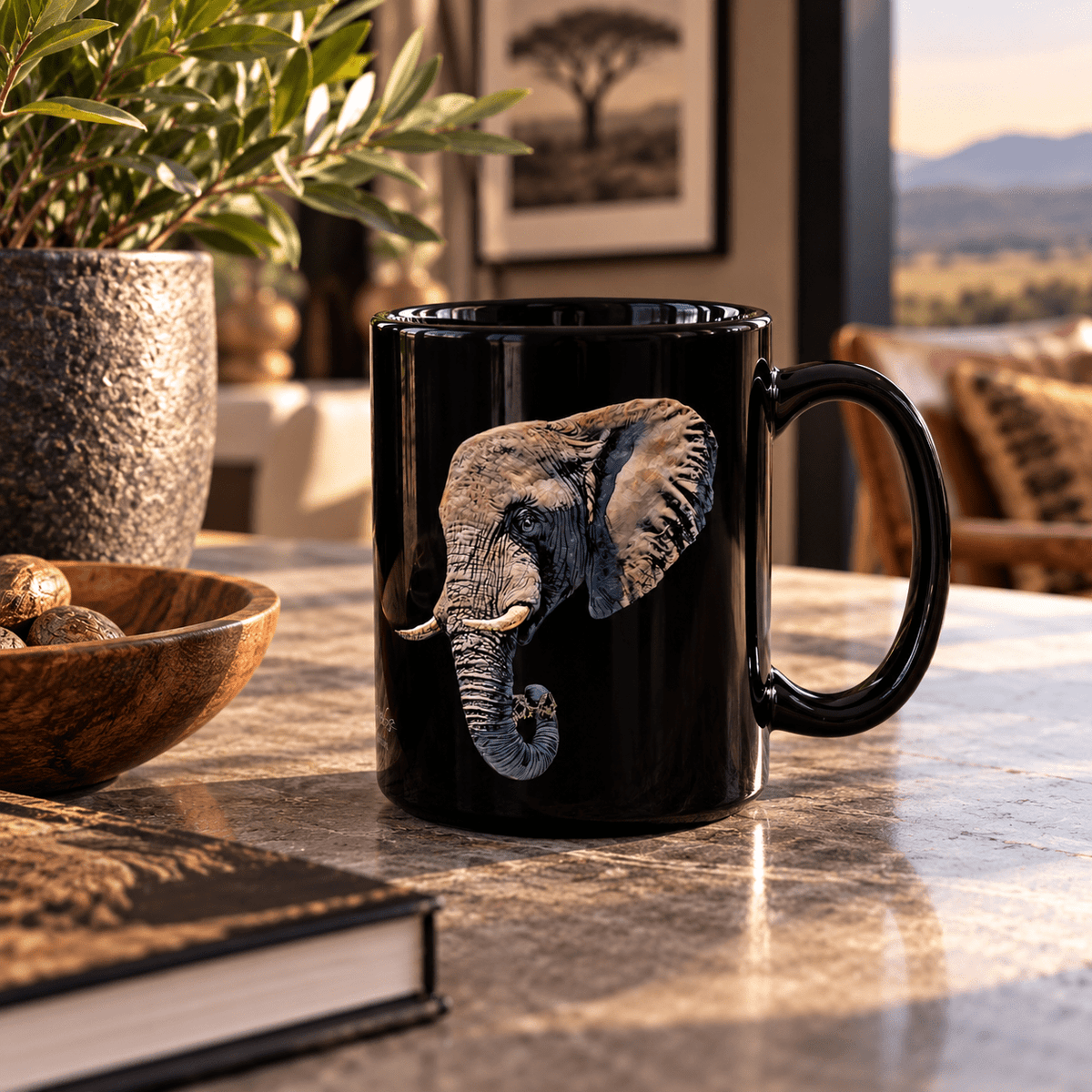 Elephant 15oz Large Black Ceramic Mug - HD Printing
