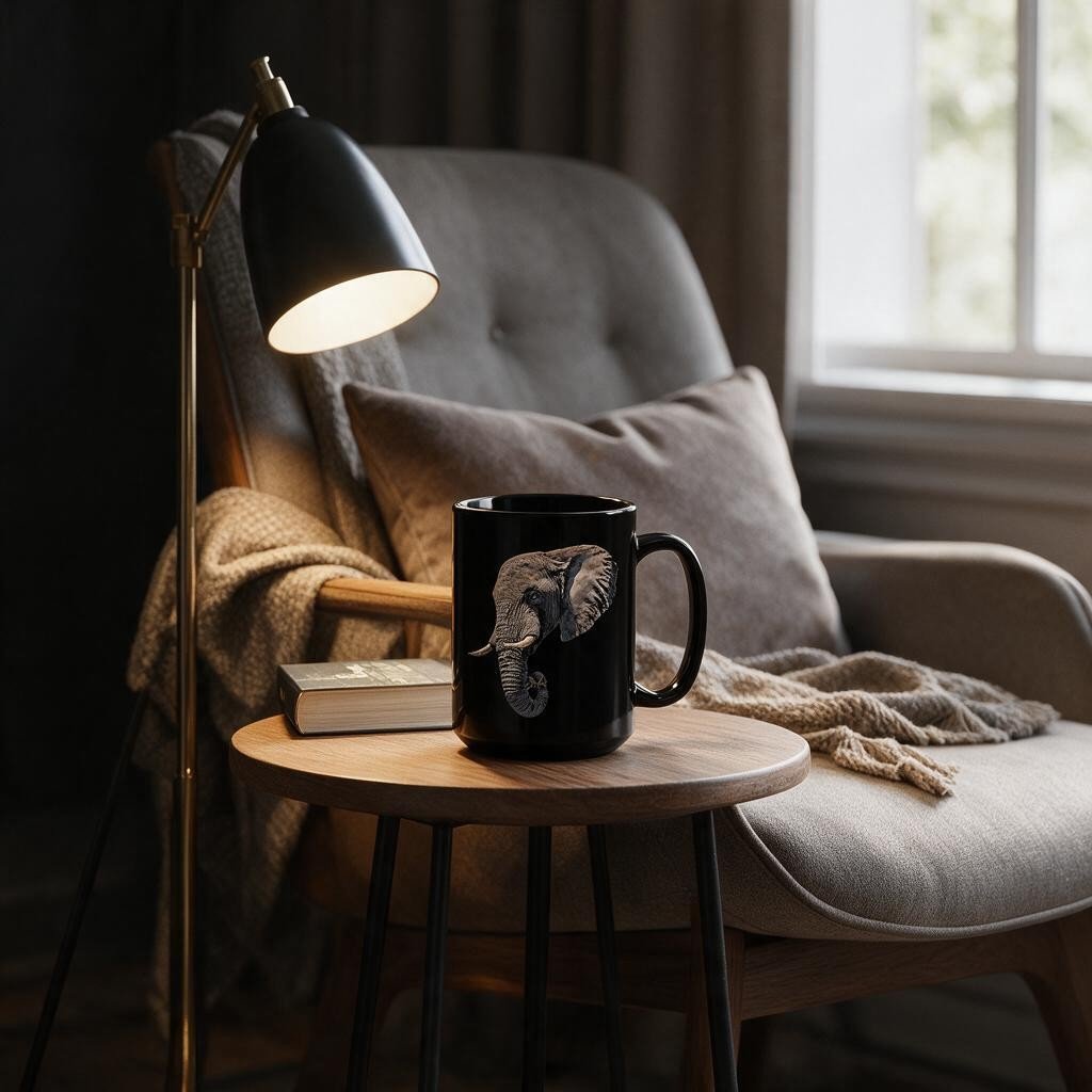 Elephant 15oz Large Black Ceramic Mug - HD Printing