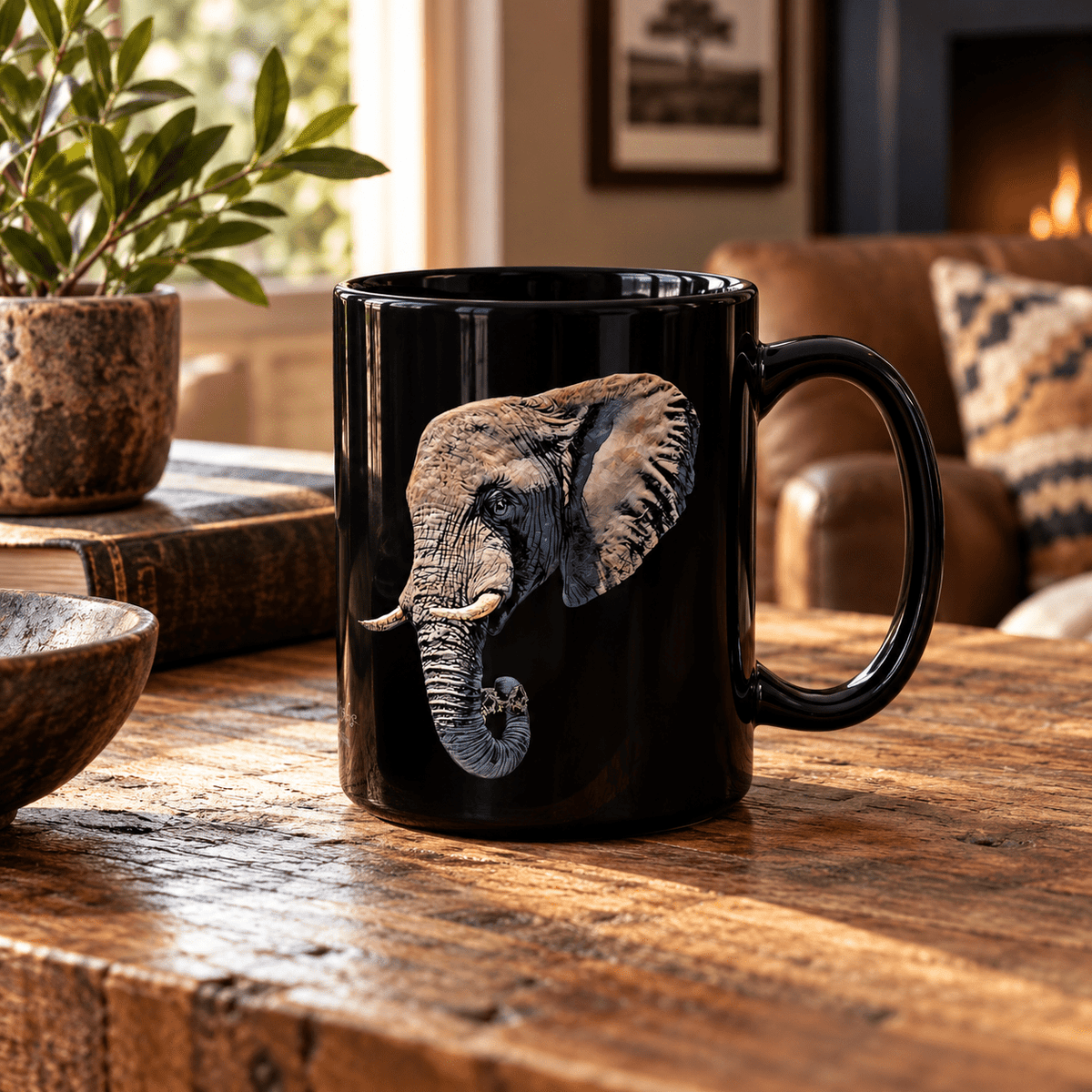 Elephant 15oz Large Black Ceramic Mug - HD Printing