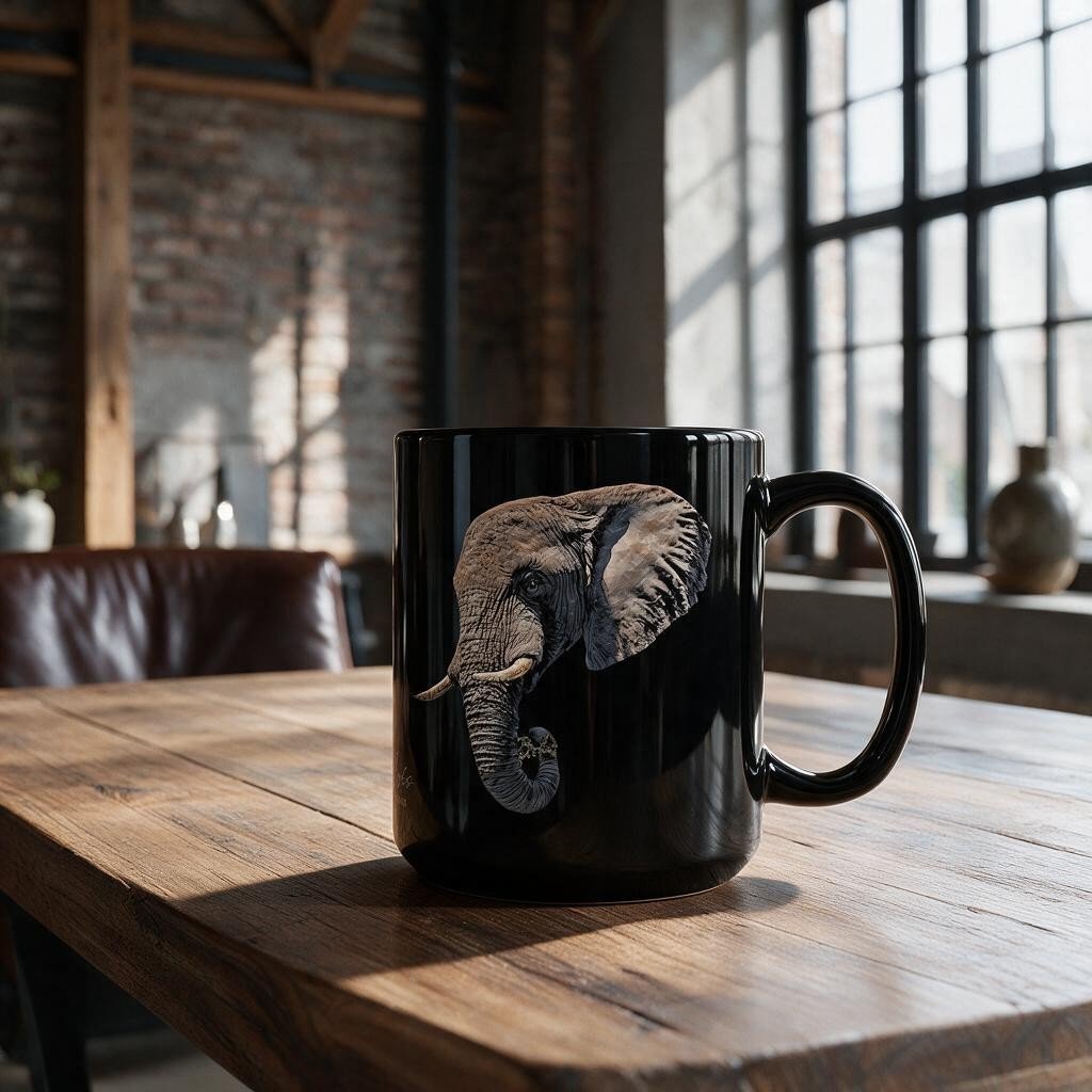 Elephant 15oz Large Black Ceramic Mug - HD Printing