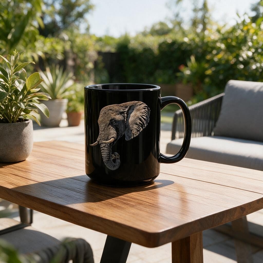 Elephant 15oz Large Black Ceramic Mug - HD Printing