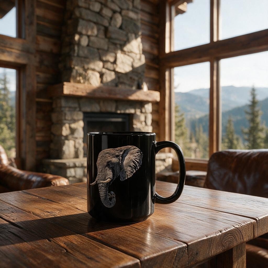 Elephant 15oz Large Black Ceramic Mug - HD Printing