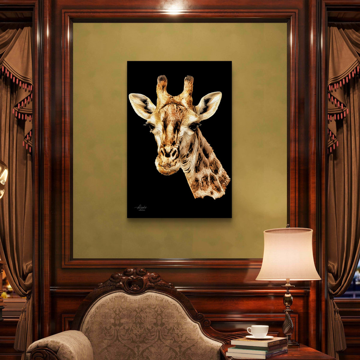 Giraffe Satin Stretched Black Canvas Print - HD Printing