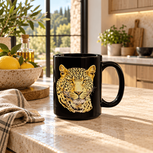 Leopard 15oz Large Black Ceramic Mug - HD Printing
