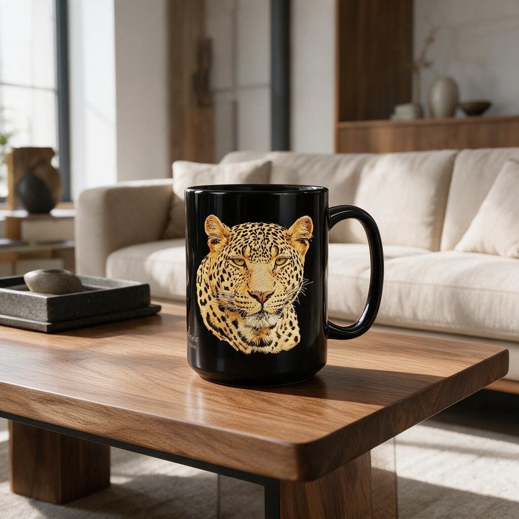 Leopard 15oz Large Black Ceramic Mug - HD Printing