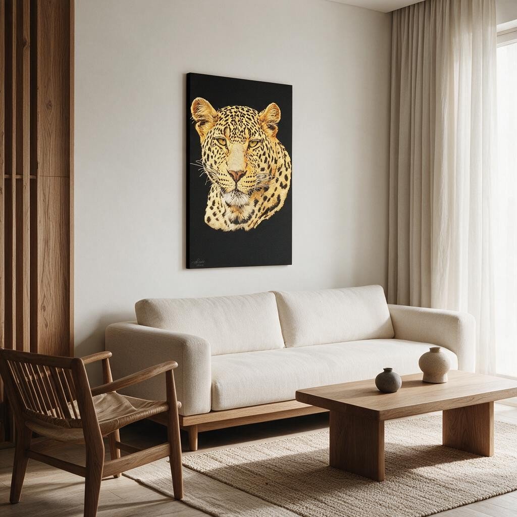Leopard Satin Stretched Black Canvas Print - HD Printing