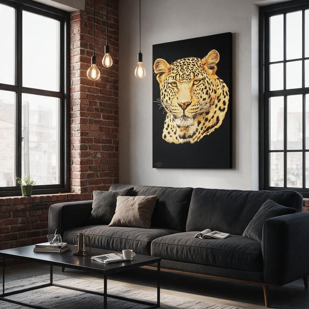 Leopard Satin Stretched Black Canvas Print - HD Printing