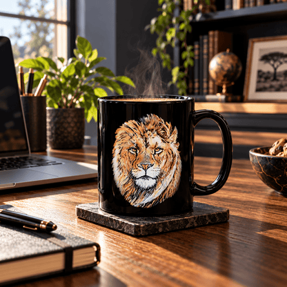 Lion 15oz Large Black Ceramic Mug - HD Printing